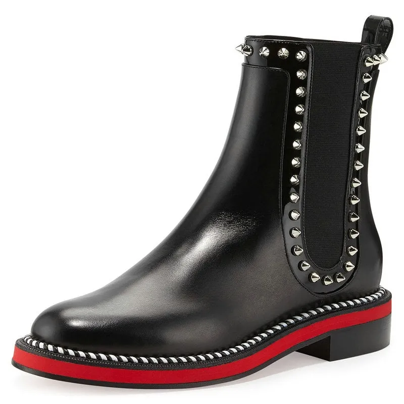 Luxury Genuine Leather Chelsea Boots Woman Brand Design Flat boots Fall Red Ankle Boots Ladies Fashion Studded Boots
