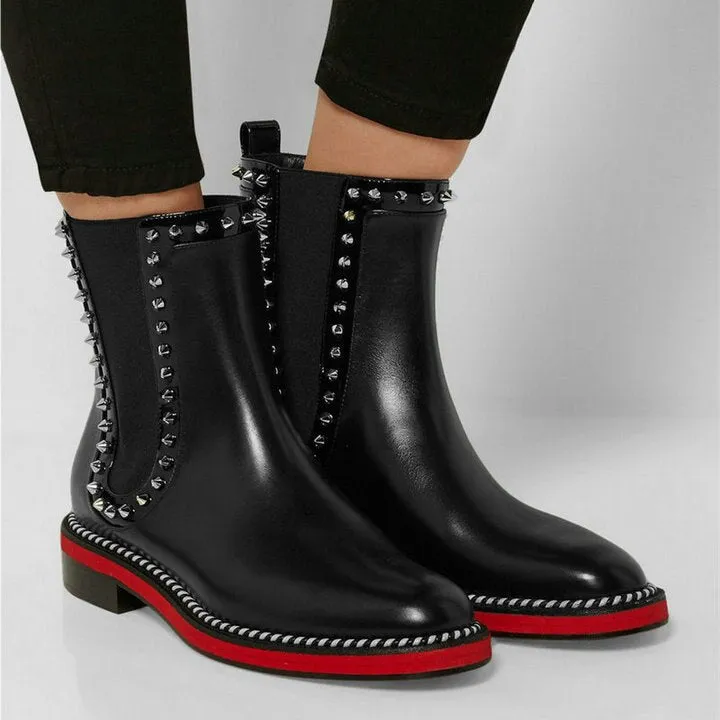 Luxury Genuine Leather Chelsea Boots Woman Brand Design Flat boots Fall Red Ankle Boots Ladies Fashion Studded Boots