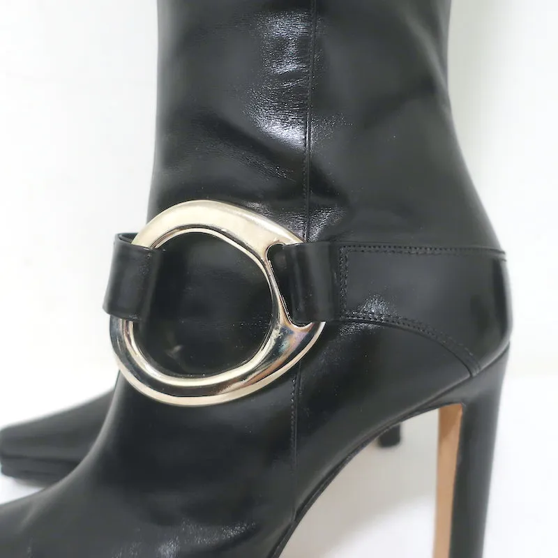 Manolo Blahnik Metal Ring-Embellished Knee High Boots Black Leather Size 39