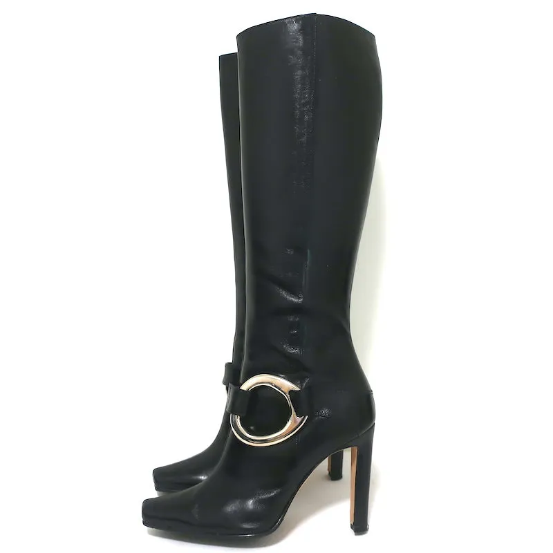 Manolo Blahnik Metal Ring-Embellished Knee High Boots Black Leather Size 39