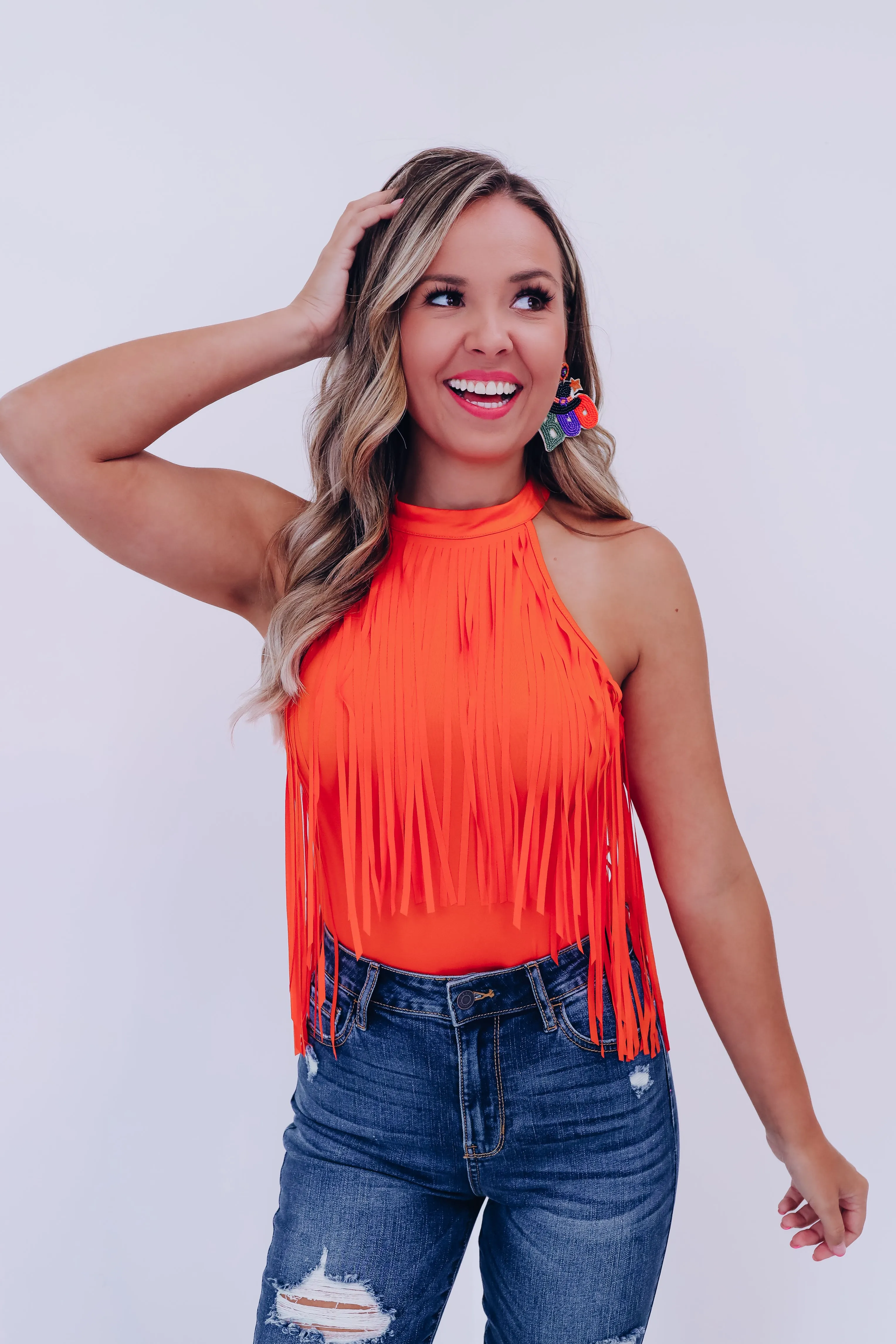 Mineola Mock Neck Fringe Bodysuit - Orange