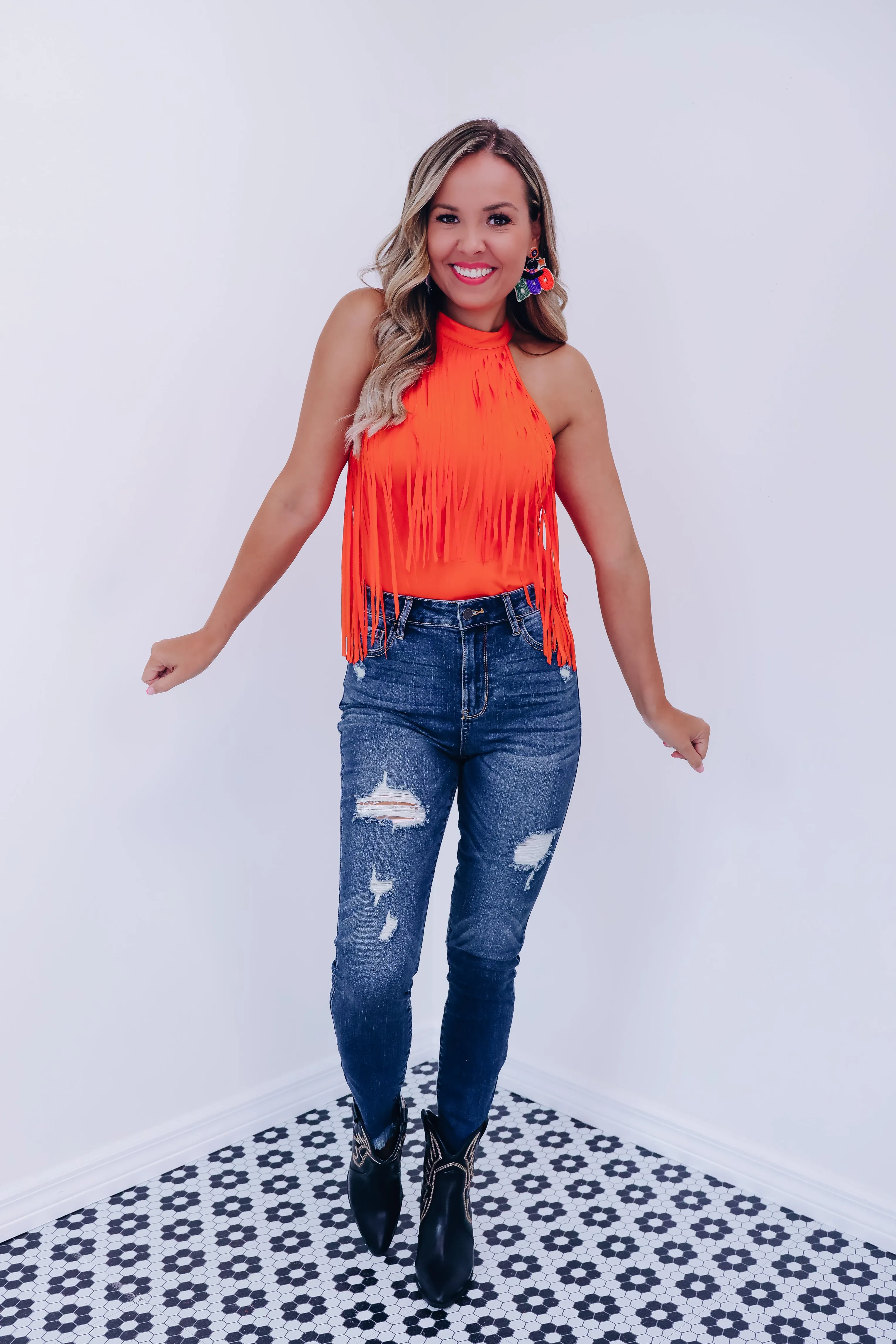 Mineola Mock Neck Fringe Bodysuit - Orange