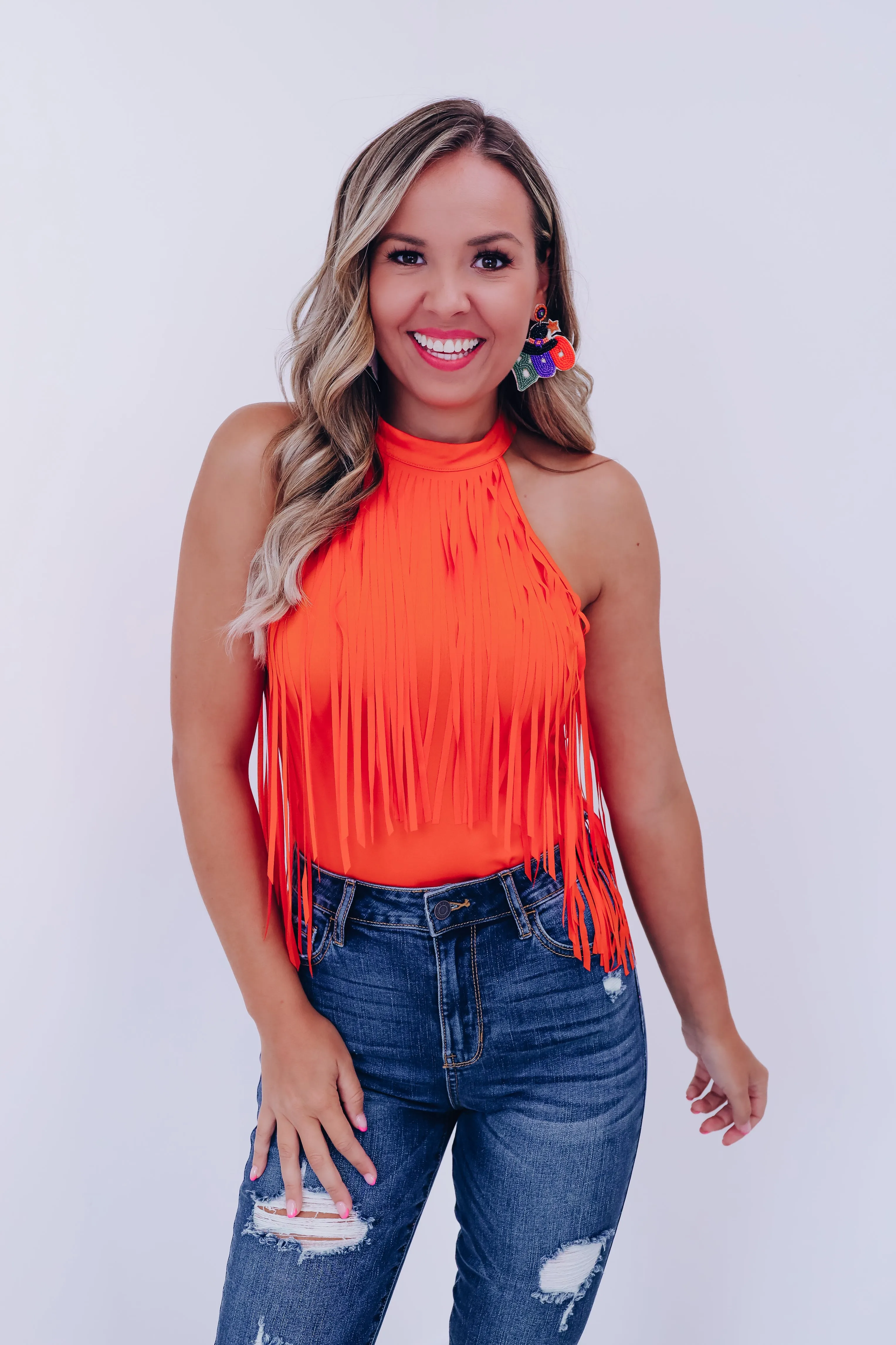 Mineola Mock Neck Fringe Bodysuit - Orange