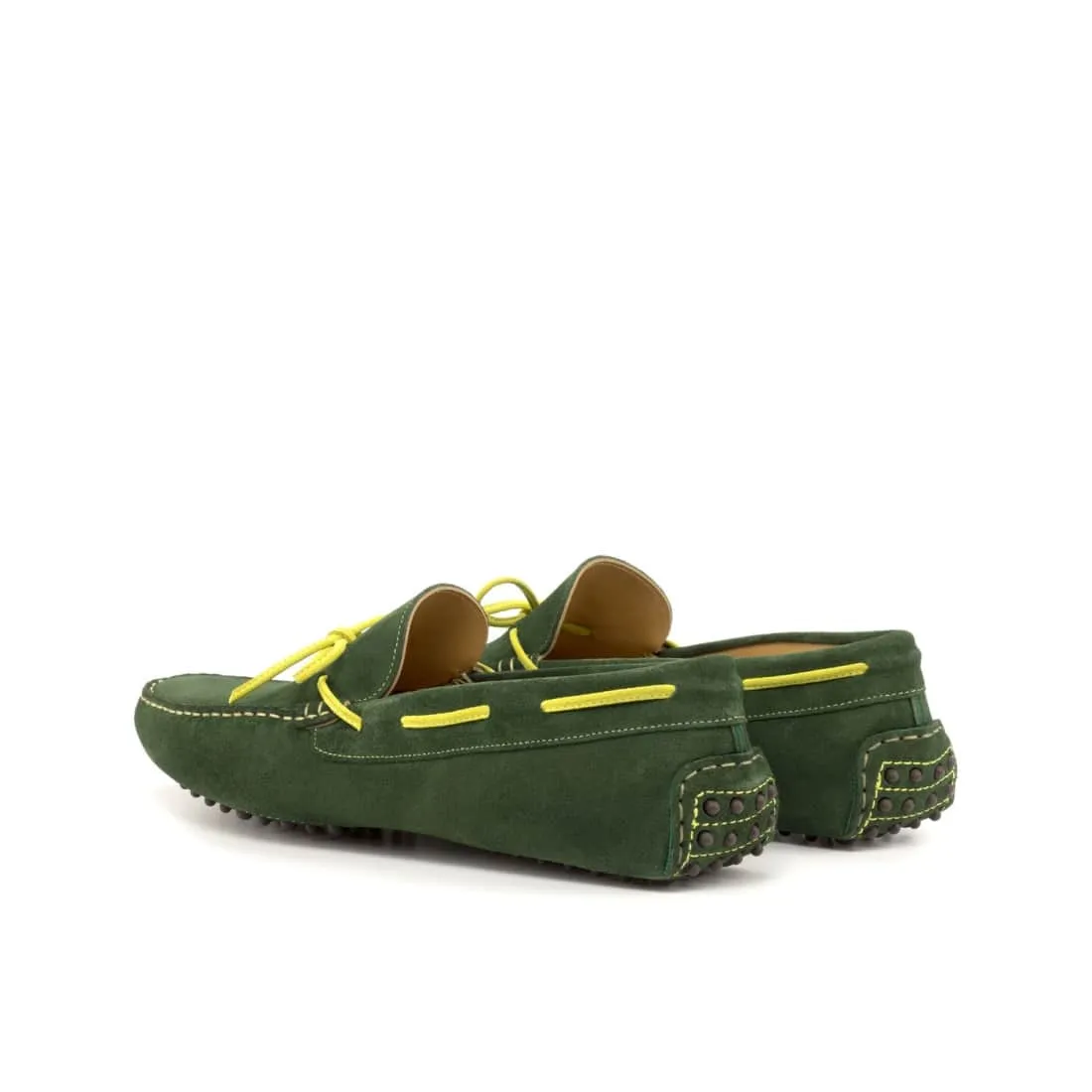 Mocassin Driver en daim vert foncé avec lacet jaune