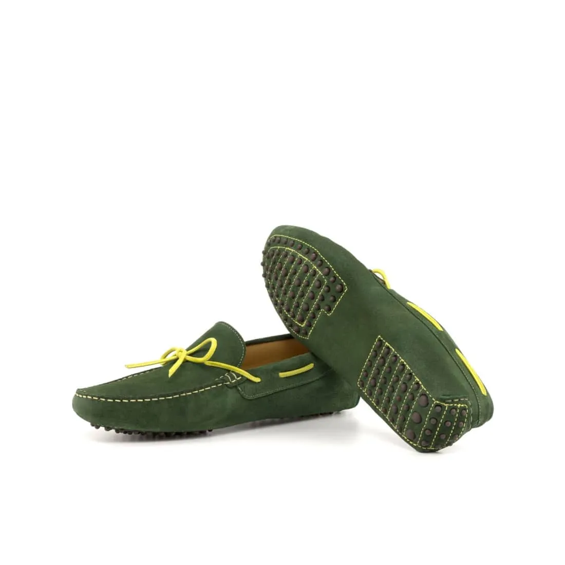 Mocassin Driver en daim vert foncé avec lacet jaune