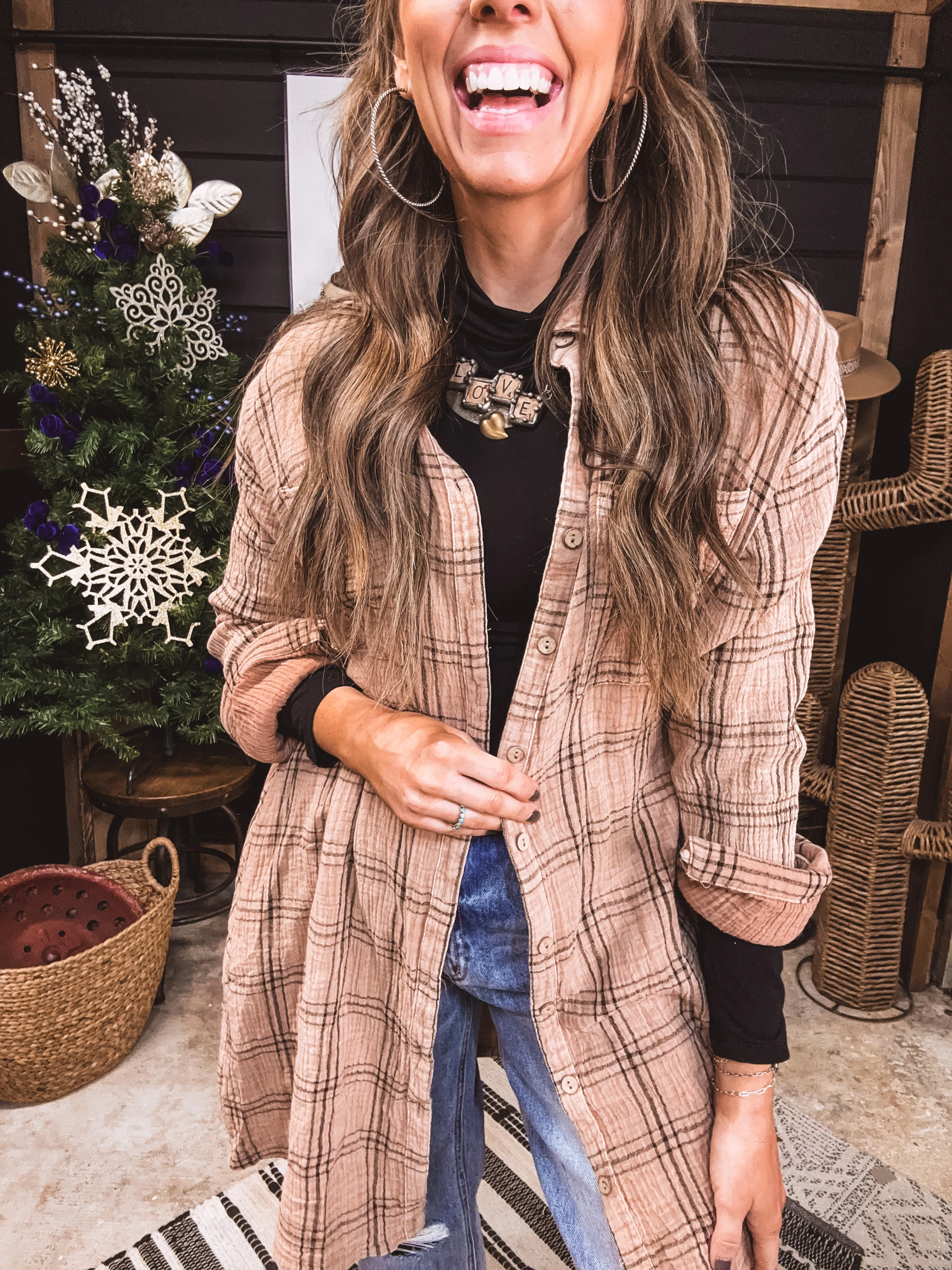 Mocha Long Sleeve Plaid Mineral Wash Button Down Dress