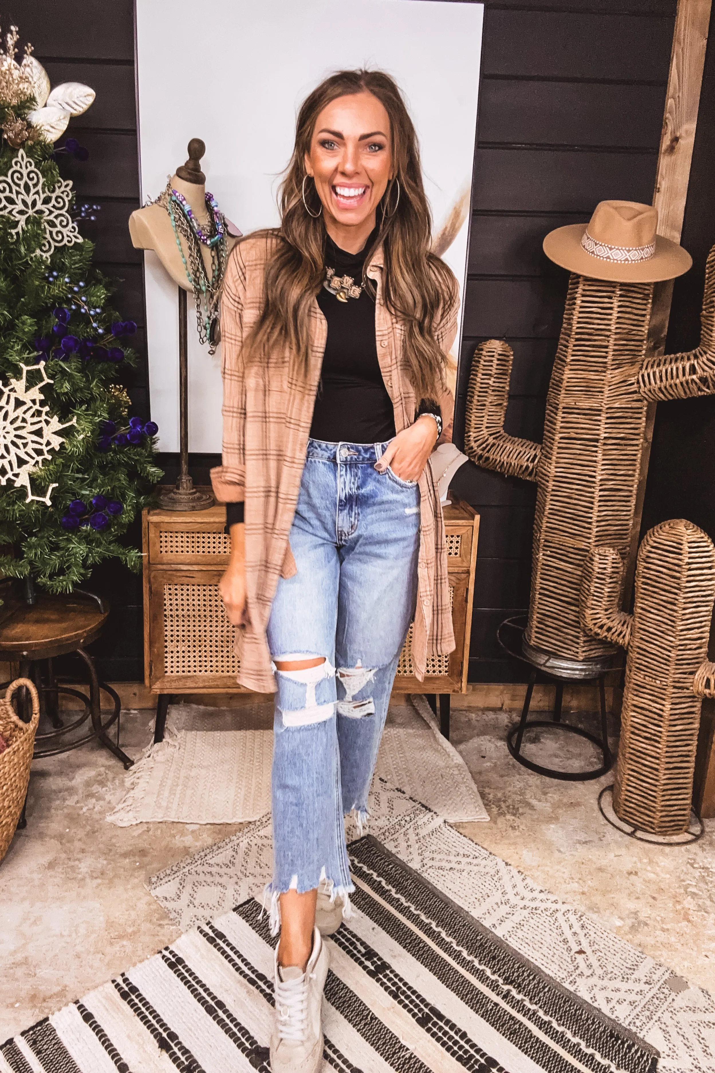 Mocha Long Sleeve Plaid Mineral Wash Button Down Dress