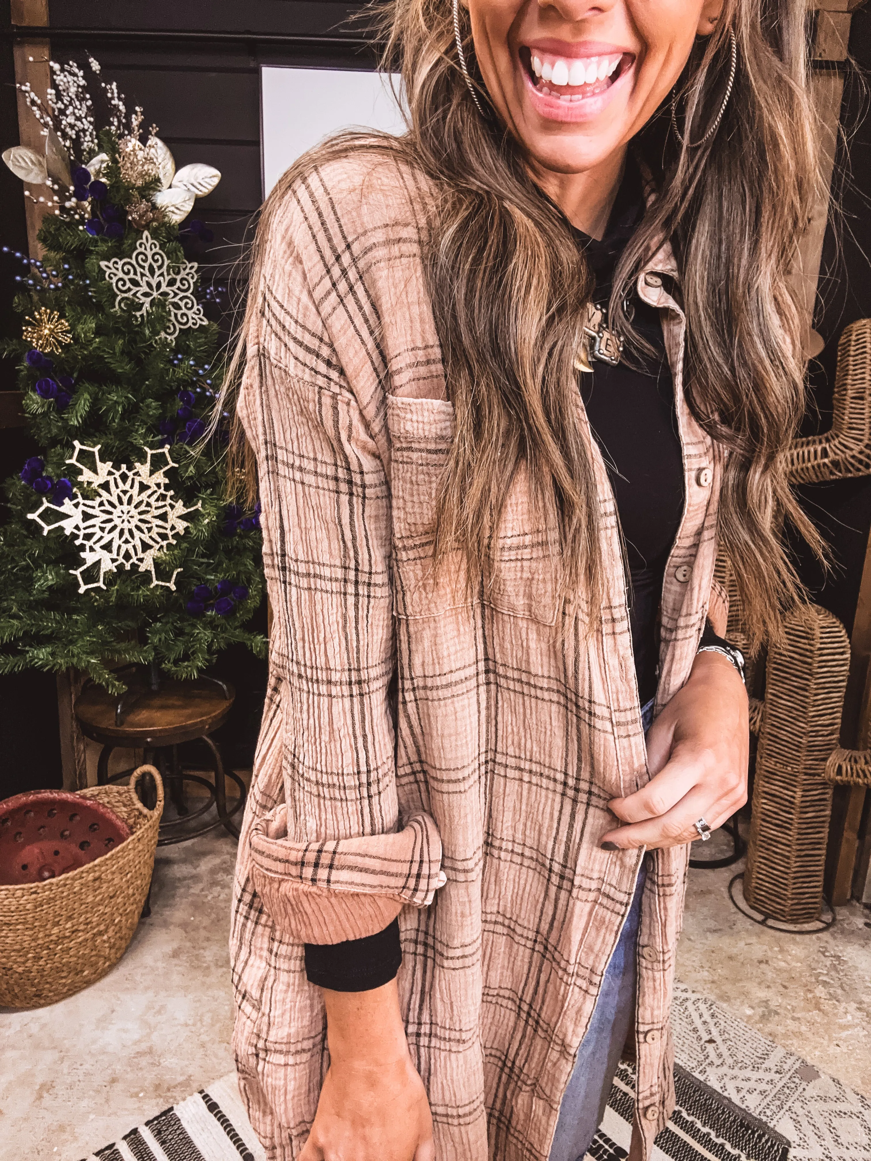 Mocha Long Sleeve Plaid Mineral Wash Button Down Dress
