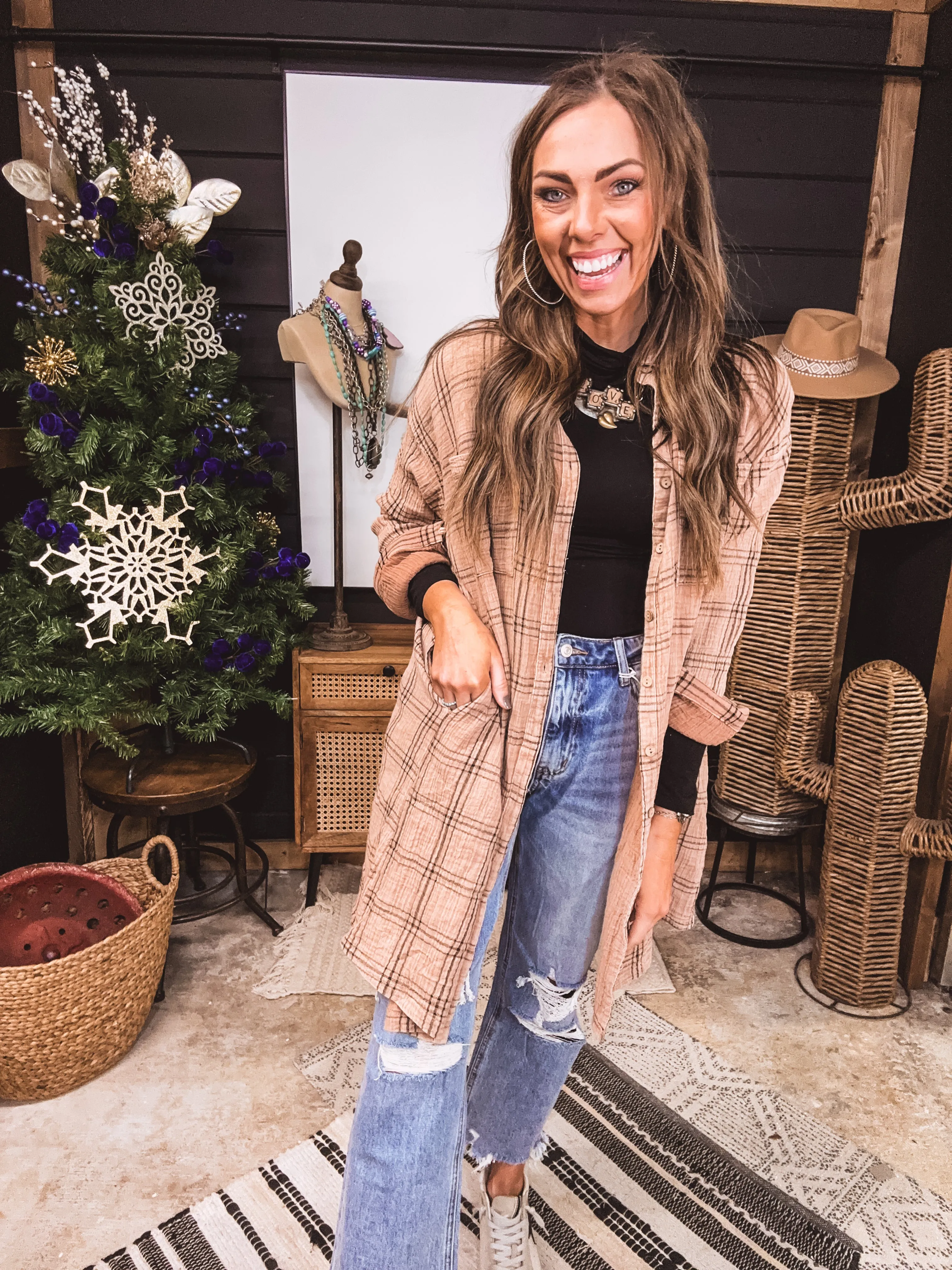 Mocha Long Sleeve Plaid Mineral Wash Button Down Dress