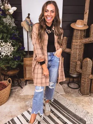 Mocha Long Sleeve Plaid Mineral Wash Button Down Dress