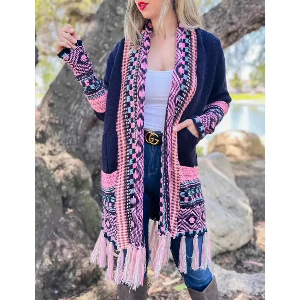 Navy Aztec Printed Open Front Knitted Pockets Cardigan Navy