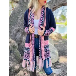 Navy Aztec Printed Open Front Knitted Pockets Cardigan Navy