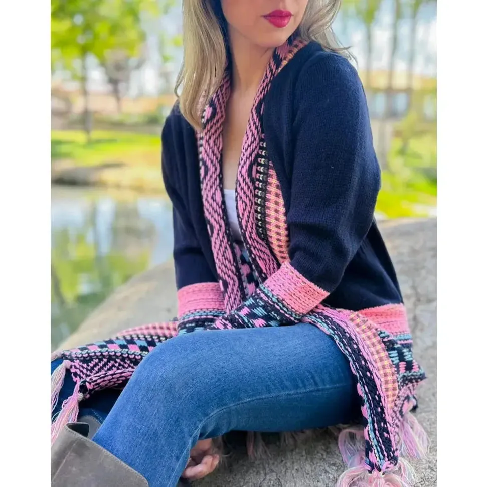 Navy Aztec Printed Open Front Knitted Pockets Cardigan Navy