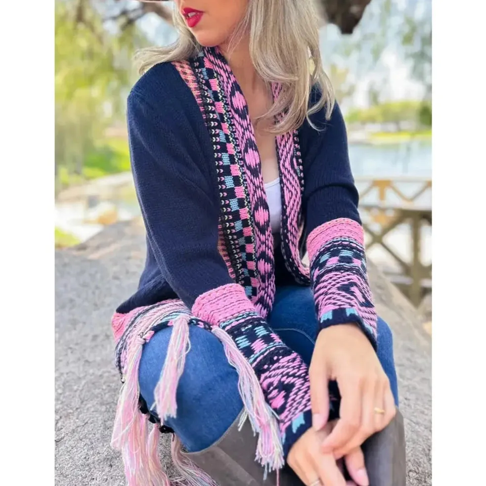 Navy Aztec Printed Open Front Knitted Pockets Cardigan Navy