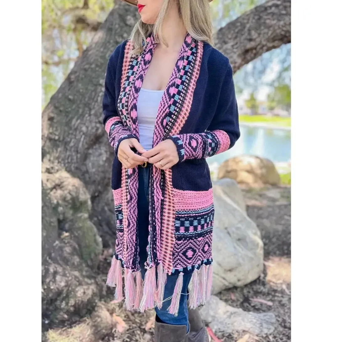 Navy Aztec Printed Open Front Knitted Pockets Cardigan Navy