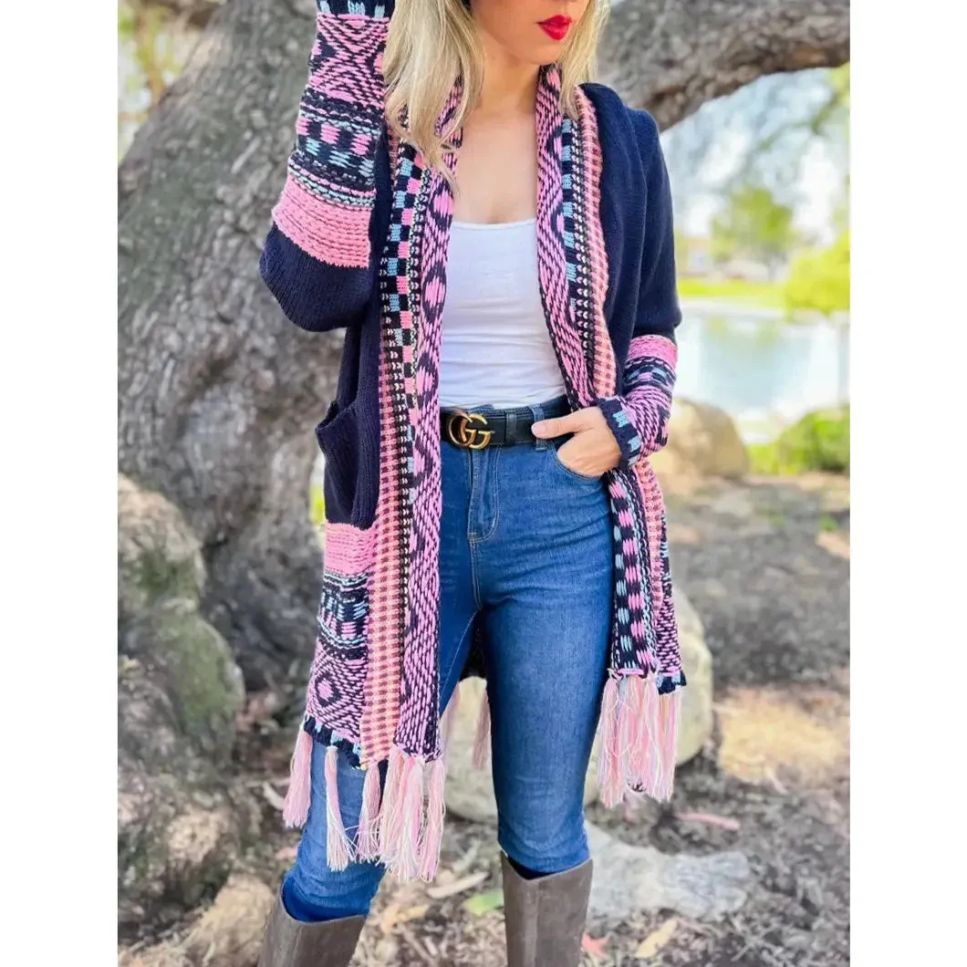 Navy Aztec Printed Open Front Knitted Pockets Cardigan Navy