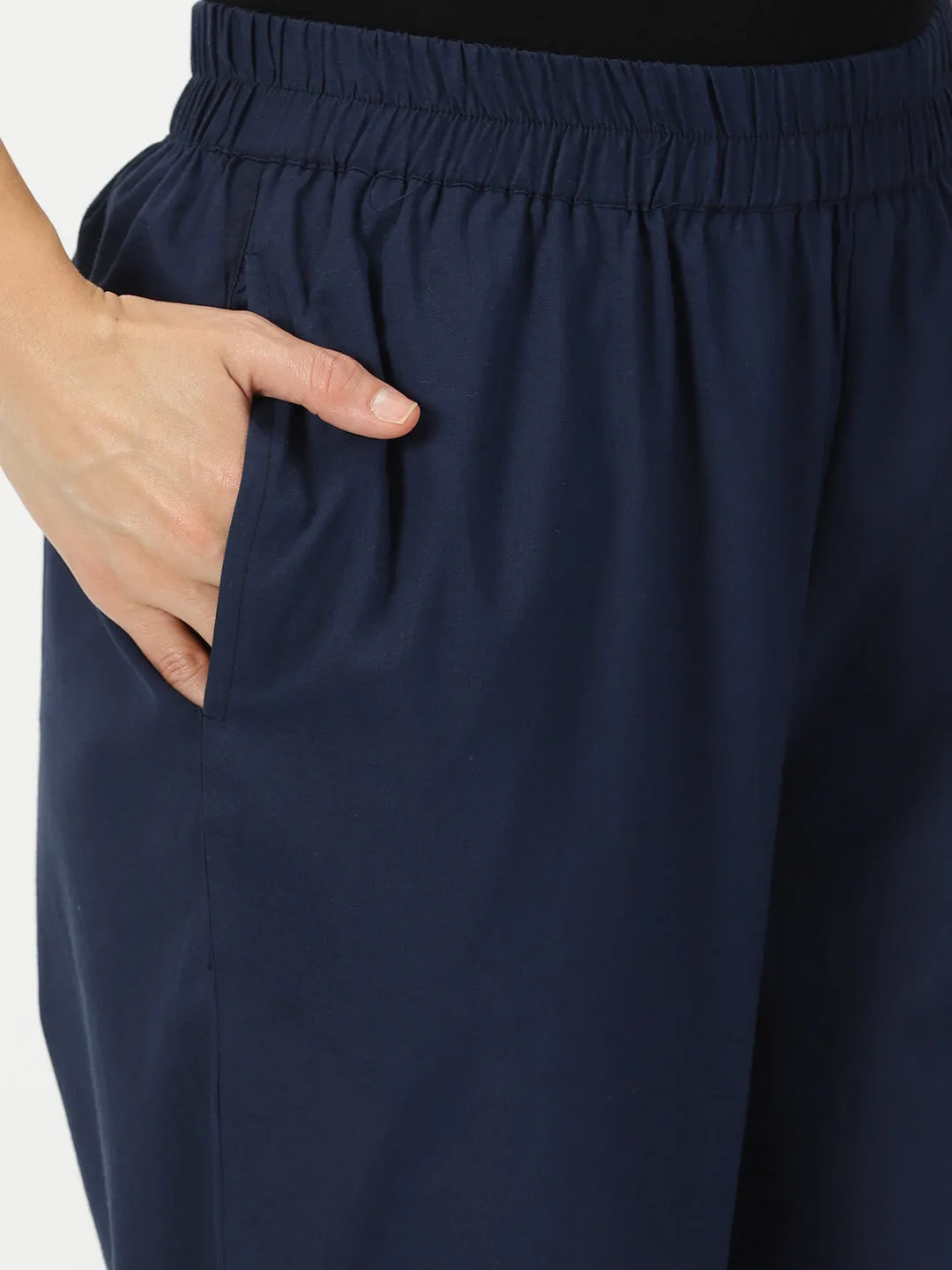 Navy Blue Cotton Straight Fit Slip-on Trouser