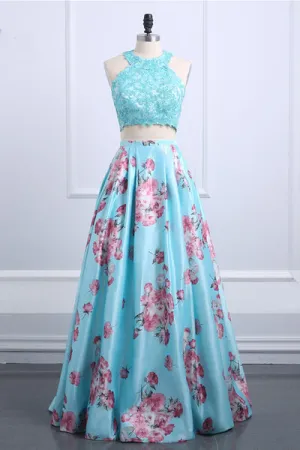 New Fashion Floral Print Flower Polyester Lace Two Pieces Long Prom Dresses LPD003