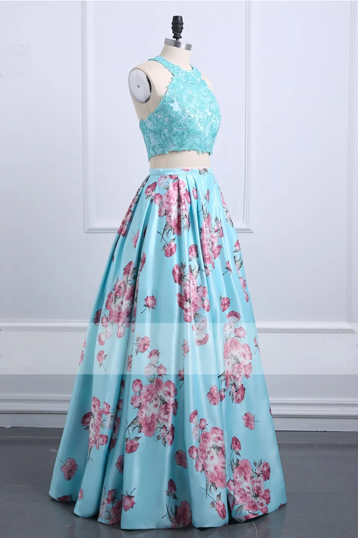 New Fashion Floral Print Flower Polyester Lace Two Pieces Long Prom Dresses LPD003