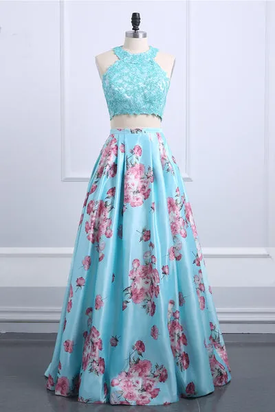 New Fashion Floral Print Flower Polyester Lace Two Pieces Long Prom Dresses LPD003