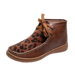 New Round Head Leopard Print Leather Boots Winter Ankle Boots