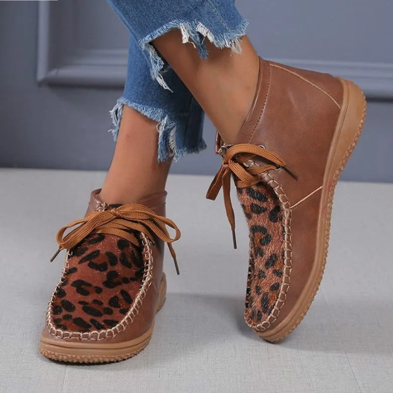 New Round Head Leopard Print Leather Boots Winter Ankle Boots
