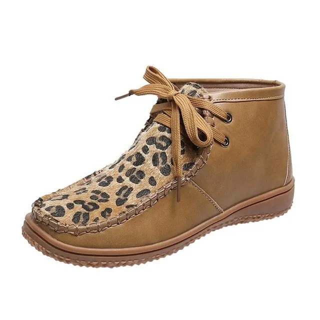 New Round Head Leopard Print Leather Boots Winter Ankle Boots