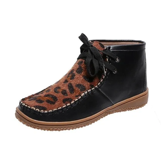 New Round Head Leopard Print Leather Boots Winter Ankle Boots