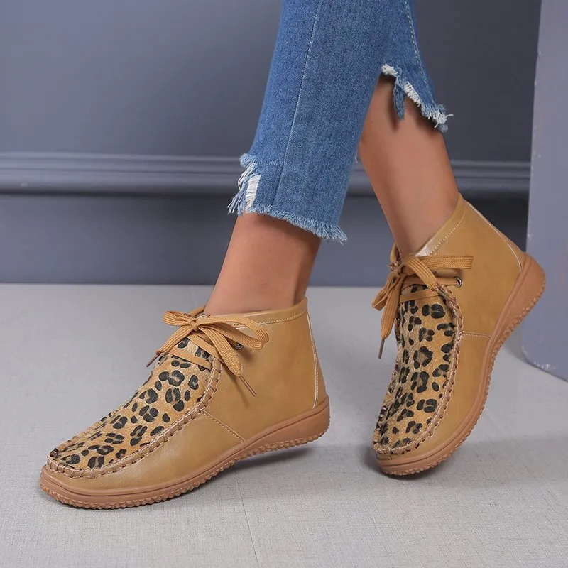 New Round Head Leopard Print Leather Boots Winter Ankle Boots