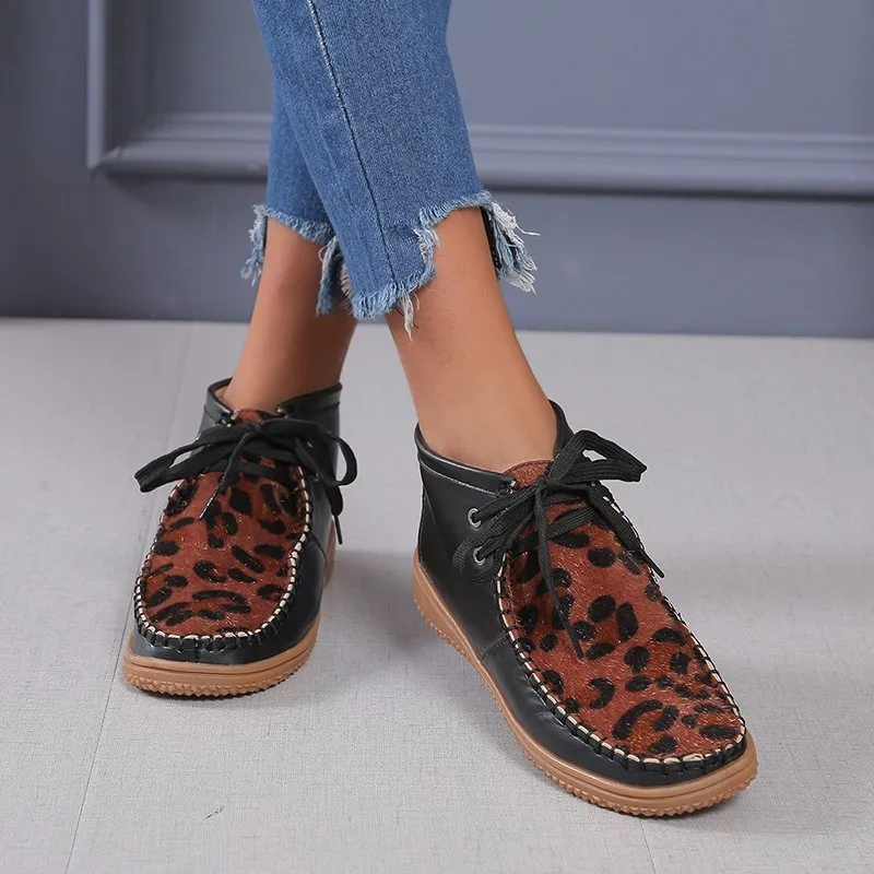 New Round Head Leopard Print Leather Boots Winter Ankle Boots