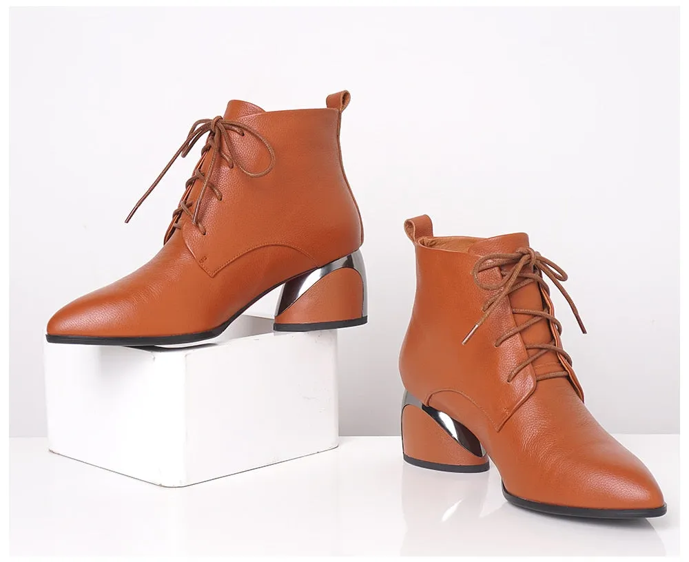 New Women's Boots High Quality Genuine Leather Sexy Pointed Toe Fashion Cross-tied Shoes Special Ankle Boots