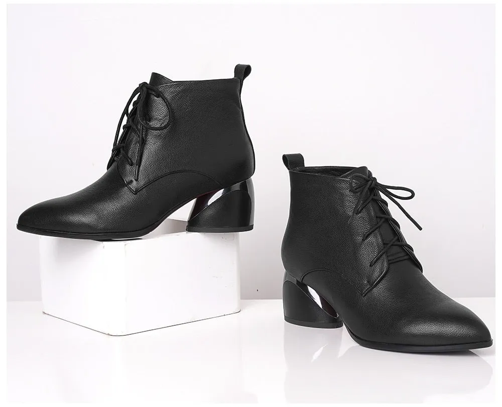 New Women's Boots High Quality Genuine Leather Sexy Pointed Toe Fashion Cross-tied Shoes Special Ankle Boots