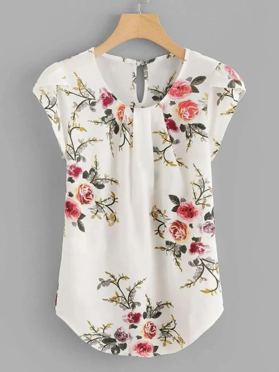 New Women's Shein Floral Print Pleated Cap Sleeve Top, sz S! Rated 4.87 out of 5 stars! Fits True