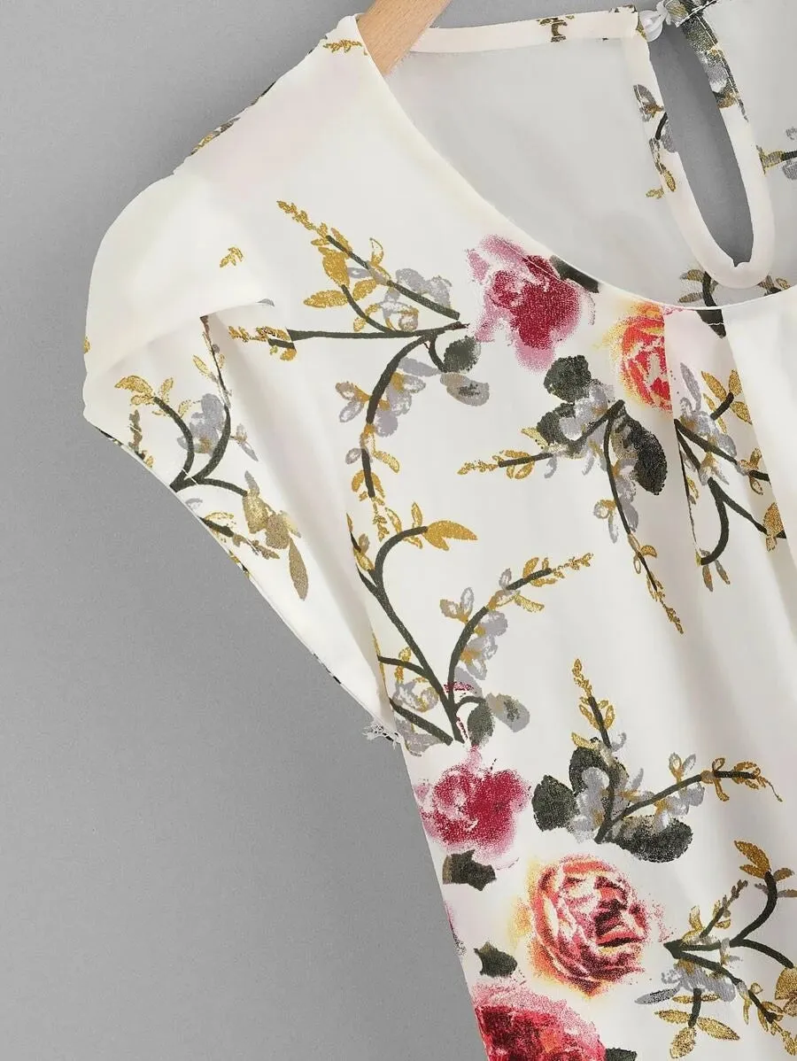 New Women's Shein Floral Print Pleated Cap Sleeve Top, sz S! Rated 4.87 out of 5 stars! Fits True