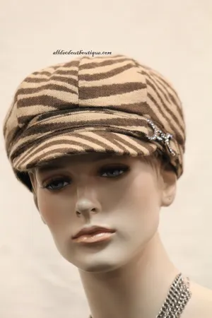 Newsboy Round Top Hat | Brown Zebra Print with Metal Buckle Clear Rhinestones