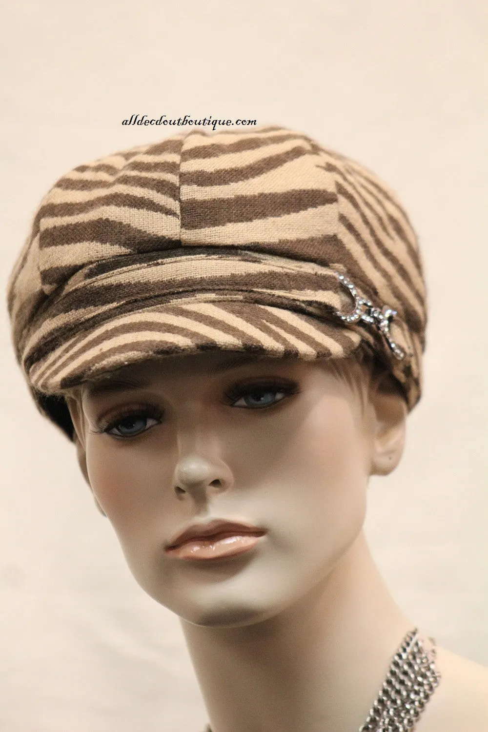 Newsboy Round Top Hat | Brown Zebra Print with Metal Buckle Clear Rhinestones