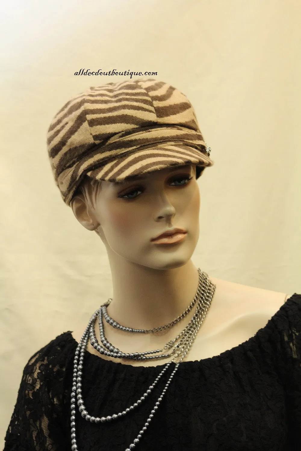 Newsboy Round Top Hat | Brown Zebra Print with Metal Buckle Clear Rhinestones