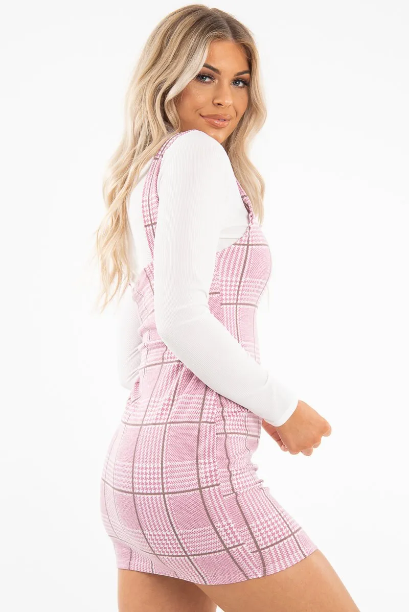 Pink Houndstooth Straight Neck Crepe Mini Dress - Khalie