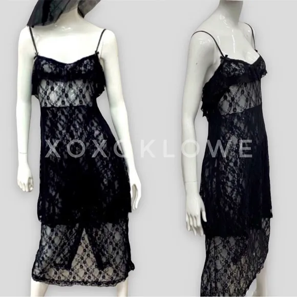 POL Intimately Black Sheer Lace Tiered Slip Dress
