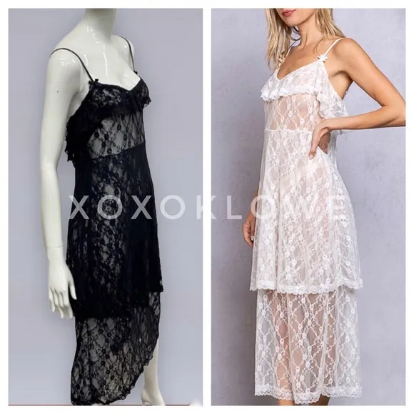 POL Intimately Black Sheer Lace Tiered Slip Dress