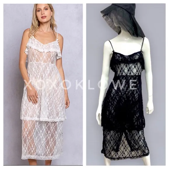 POL Intimately Black Sheer Lace Tiered Slip Dress