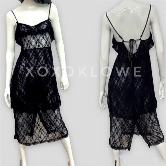 POL Intimately Black Sheer Lace Tiered Slip Dress