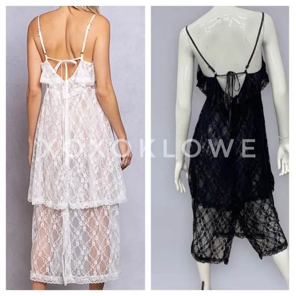 POL Intimately Black Sheer Lace Tiered Slip Dress