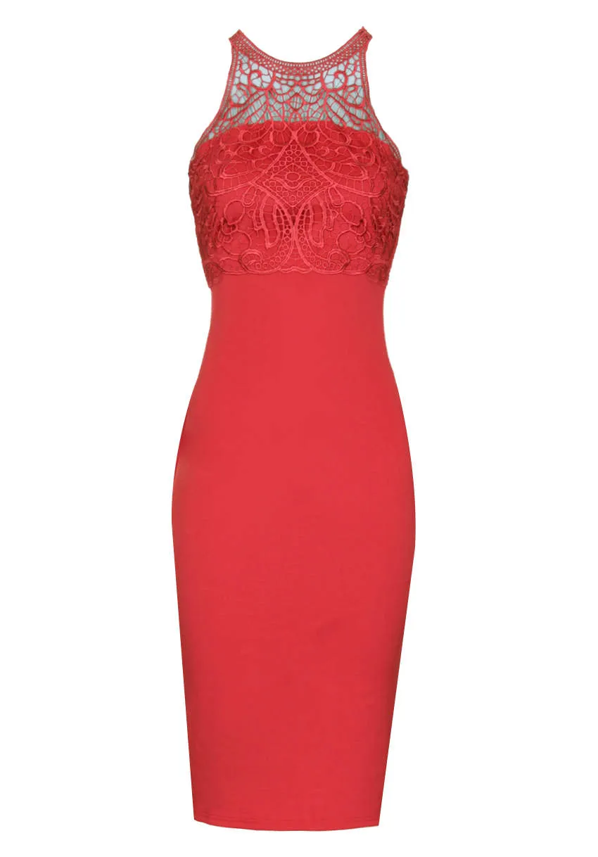 Red Crochet High Neck Midi Dress