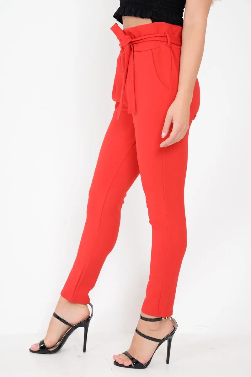 Red Paper Bag Tie Waist Cigarette Trousers - Karmen