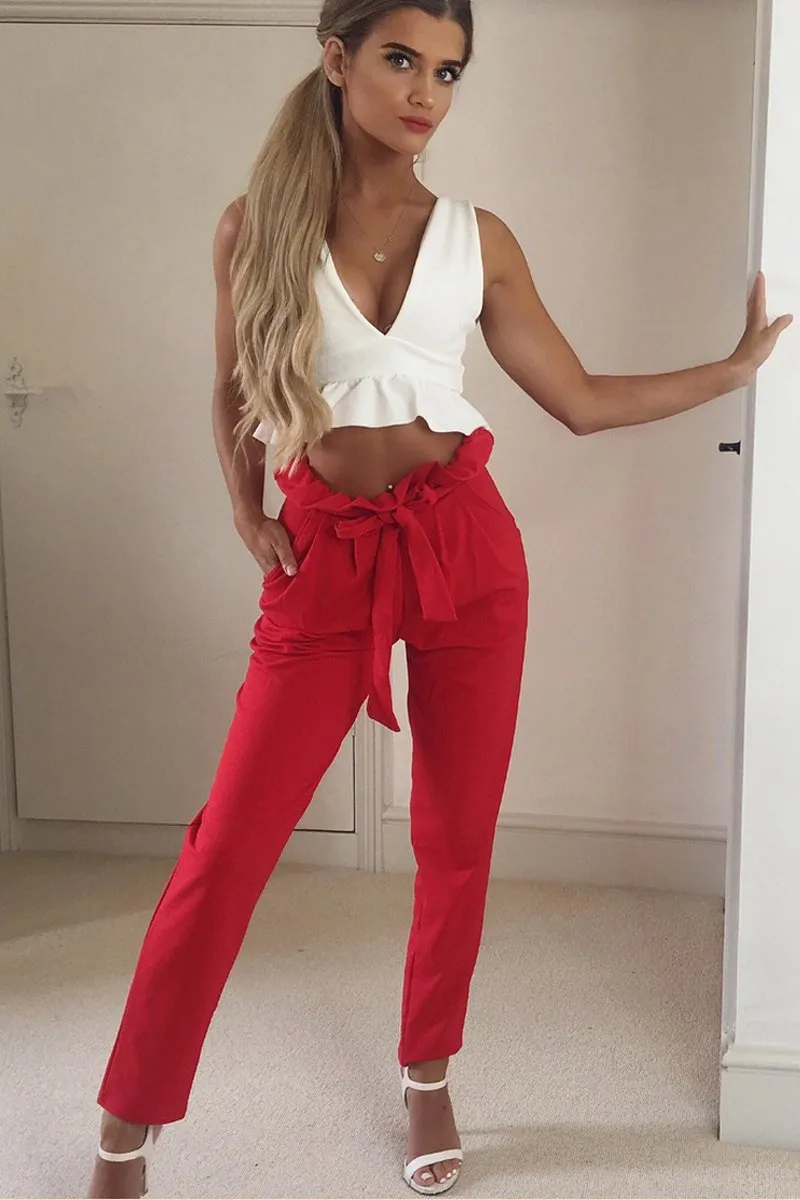 Red Paper Bag Tie Waist Cigarette Trousers - Karmen