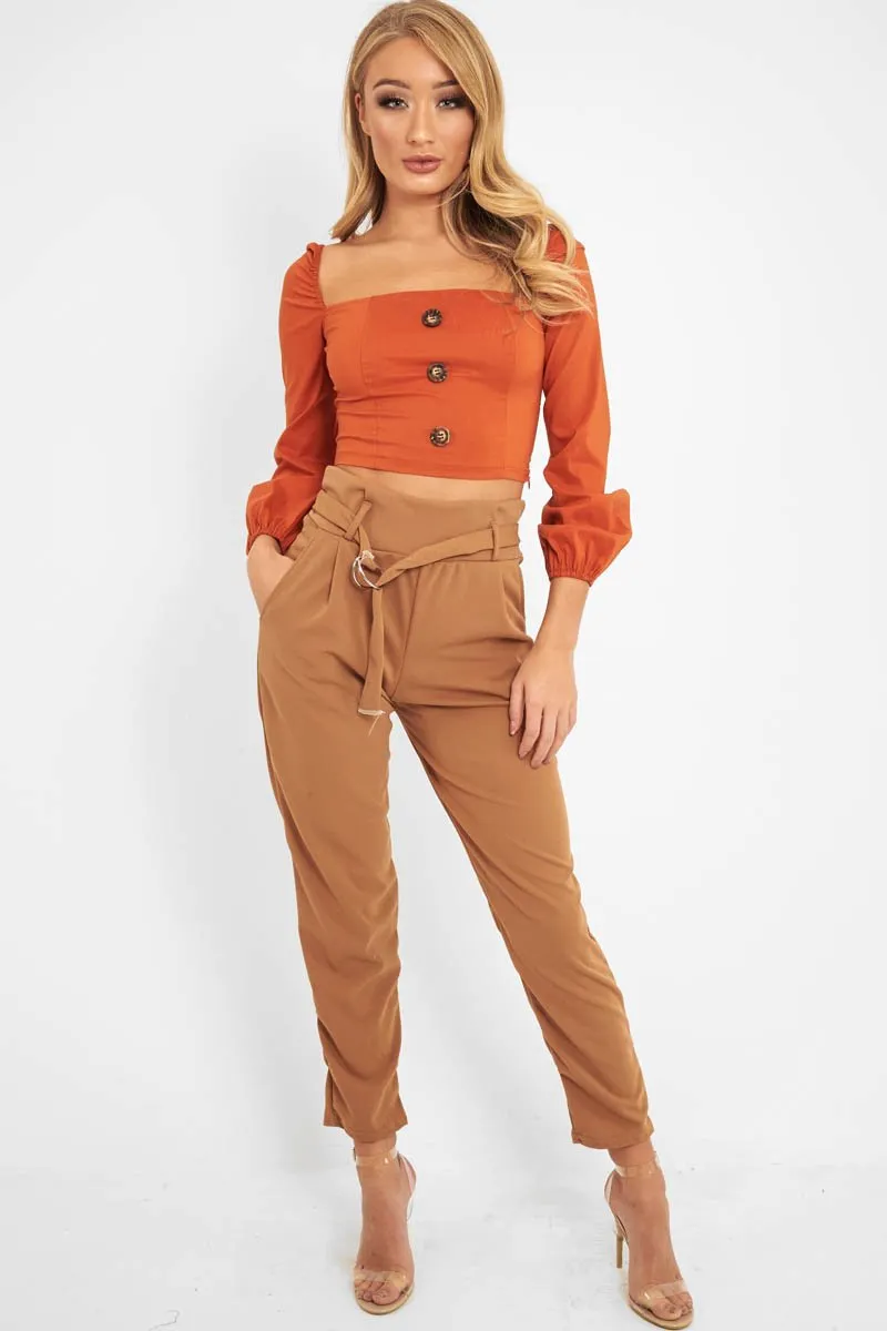 Rust Button Front Puff Sleeve Crop Top - Analiese