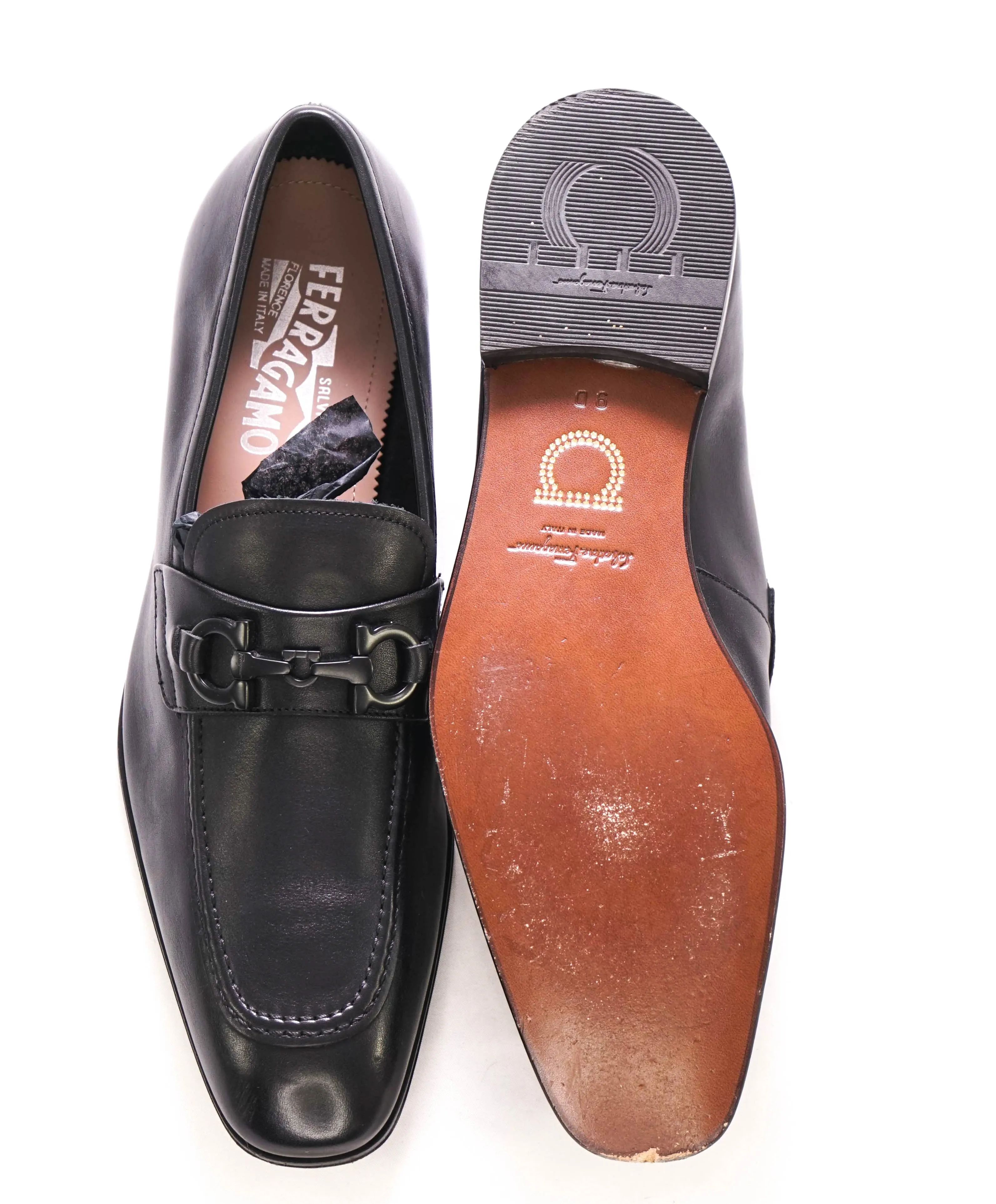 SALVATORE FERRAGAMO - Black on Black Gancini Bit Leather Loafer- 9 D