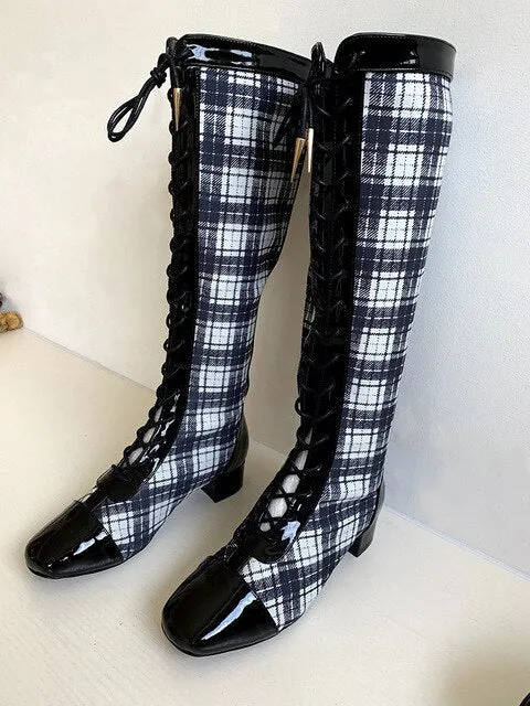 Shoes Woman Ladies Boots Square Toe Zapatos De Mujer Lace Up Bottes Femme Mixed Colors Stitching Boots Knee High Boots