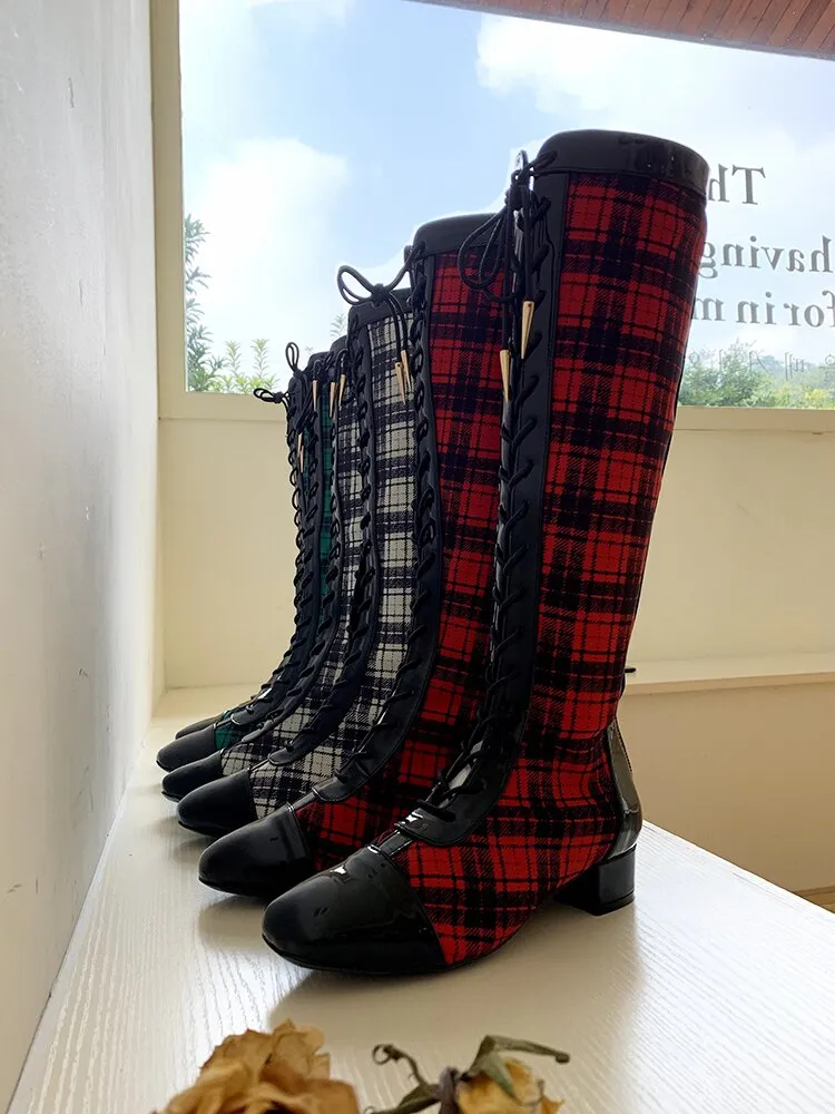 Shoes Woman Ladies Boots Square Toe Zapatos De Mujer Lace Up Bottes Femme Mixed Colors Stitching Boots Knee High Boots